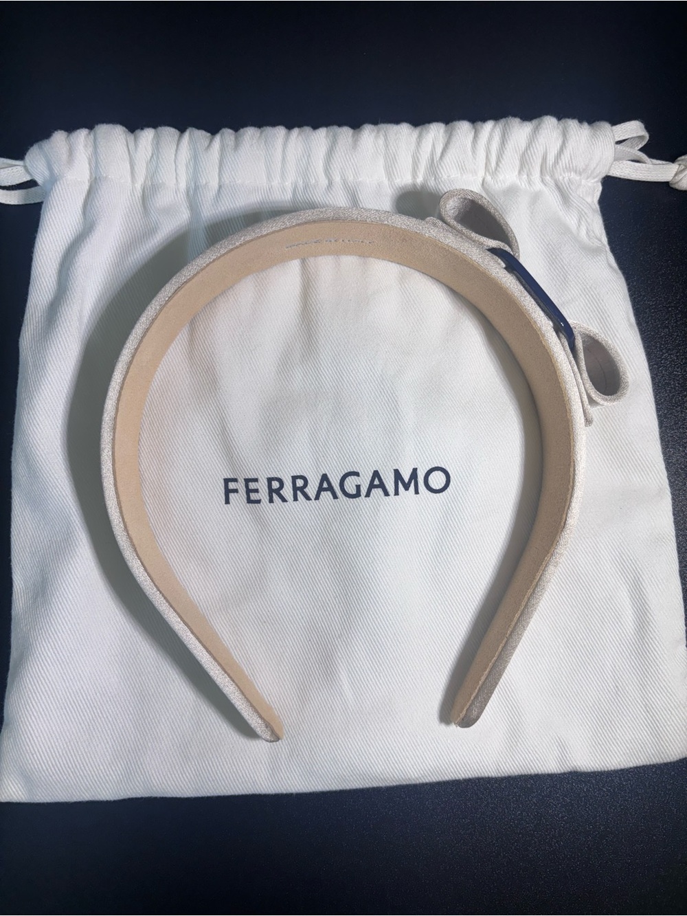 Ferragamo Satin Vara Bow Headband Cream White Great Condition W/Dustbag
